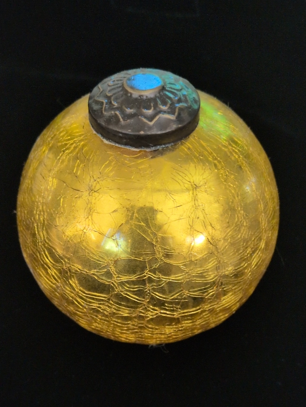 Vintage German Kugel Style Bright Gold Ornament Brass Cap Mercury Glass Mantle